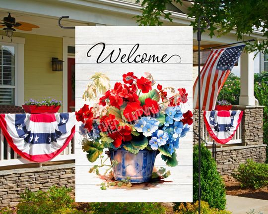 Red Geraniums Flower Container Digital Flag Design Red White