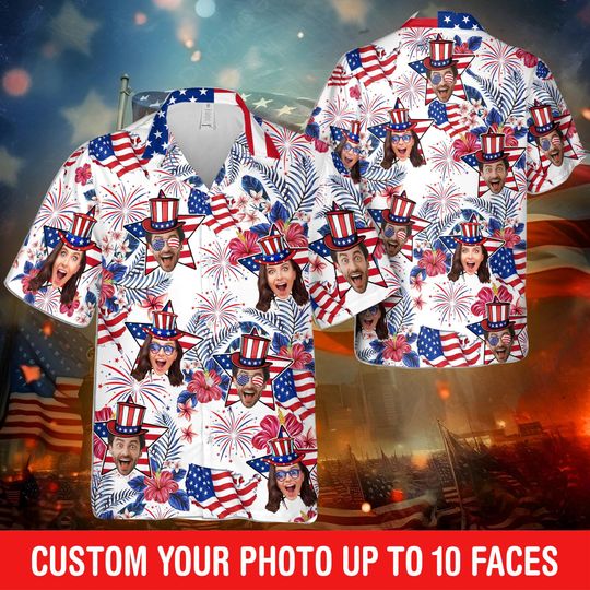 Custom Hawaiian Shirt With Face, Customized Funny 4th Of July Shirts, Personalized American Flag Shirt