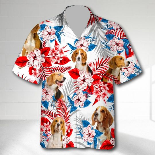 Custom Dog Beagle Hawaiian Shirt, Summer Aloha Shirt, Dog Independence Day Shirt, Dog Face America Flag Hawaiian Shirt