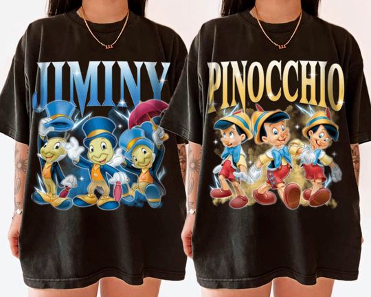 Couple Jiminy Cricket and Pinocchio Shirt Funny Tee, Pinocchio Team Tees, Vintage Graphic T-shirt Family 2024 Trip Gifts