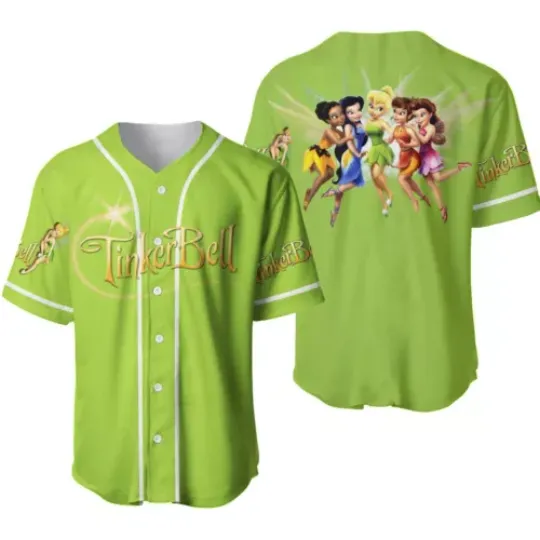Tinker Bell Baseball Jersey Button Down Shirt, Tinker Bell Fairy Baseball Jersey