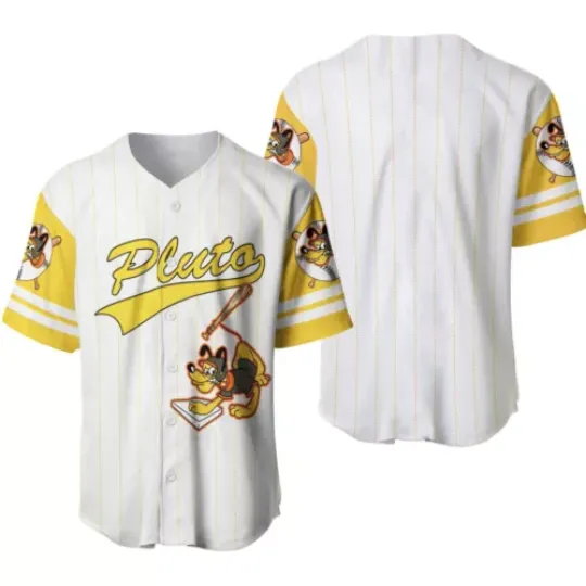 Disney Pluto Baseball Jersey Button Down Shirt, Pluto Cartoon Baseball Jersey