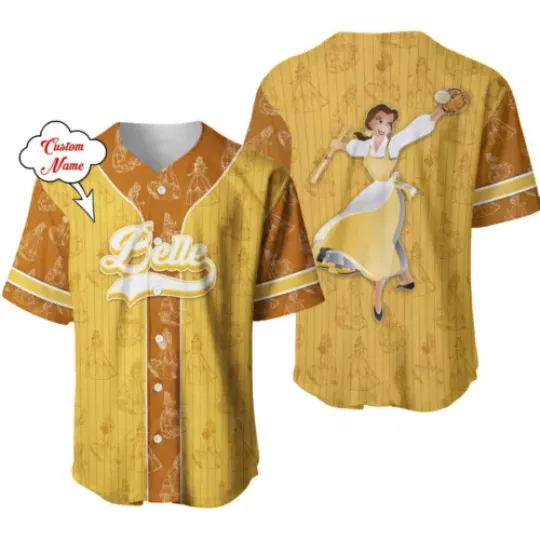 Personalized Belle Beauty and the Beast Button Down Baseball Jersey AOP Shirt