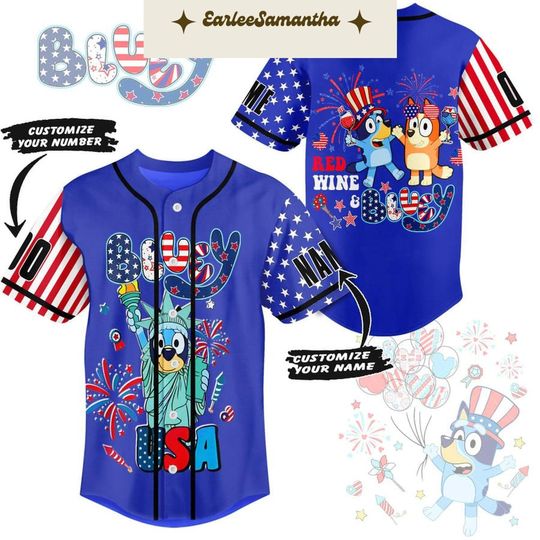 Custom Monster Baseball Jersey, Custom Blue Dog Couple Baseball Jersey, Cartoon Jersey Shirt, Movie Jersey Blueyyy Dog Shirt, 4Th Of July