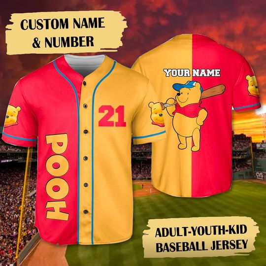 Custom Number And Name Pooh Baseball Jersey, Winnie the Pooh Baseball Jersey Team, Honey Bear Jersey Outfit