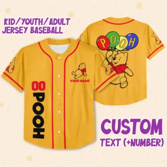 Personalize Pooh Yellow Red Custom Kids, Youth, Adult Disney Baseball Jersey