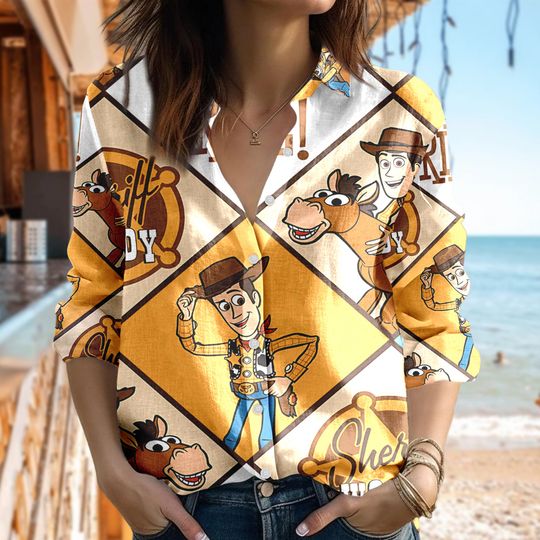 Woody Toy Story Women Casual Shirt, Toy Story Linen Shirt, Woody Cowboy Linen Casual Shirt, Cartoon Shirt