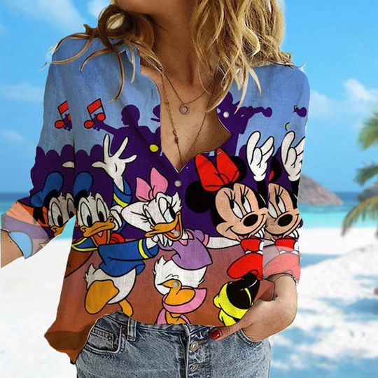Mickey and Friends Women Casual Shirt, Minnie Donald Daisy Duck Linen Casual Shirt, Mouse Women's Blouses