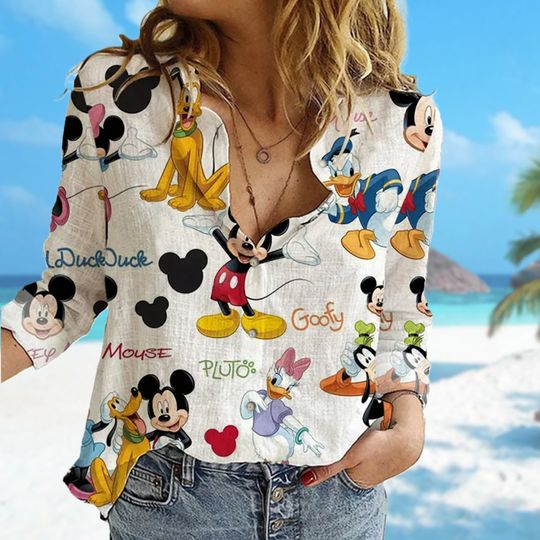 Mickey Mouse Linen Shirt, Minnie Donald Daisy Duck Casual Linen Button Down Shirt, Pluto Cartoon Women Blouses Shirt