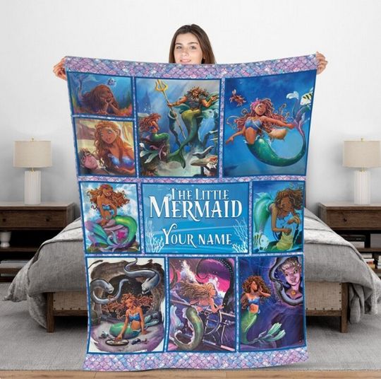 Personalized The Little Mermaid Blanket, Custom Name Ariel Princess Fleece Blanket, Family Princess Birthday Gifts
