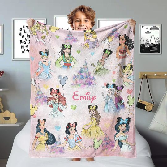 Personalized Watercolor Princess Blanket, Custom Name Baby Girl Blanket, Princess Birthday Girl Gift