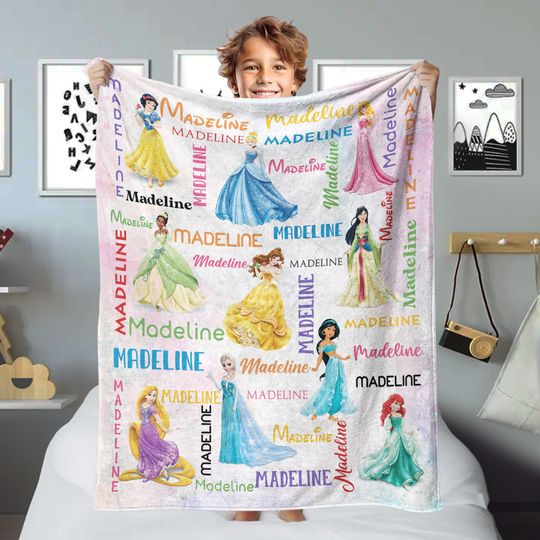 Personalized Watercolor Princess Blanket, Custom Name Baby Girl Fleece Blanket