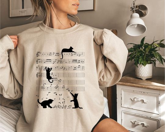 Cat And music nout Sweatshirt, Music Teacher Sweatshirt, Cat Playing Music Note Sweatshirt, Cat Lover Gift