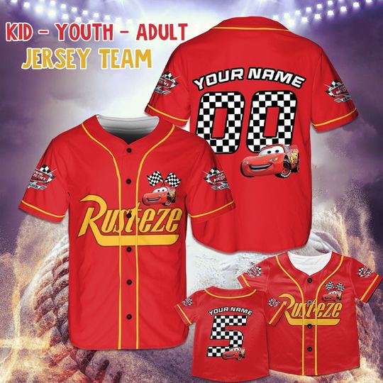Customized MCqueen Baseball Jersey Team, Personalised Cars Lightning Baseball Shirt