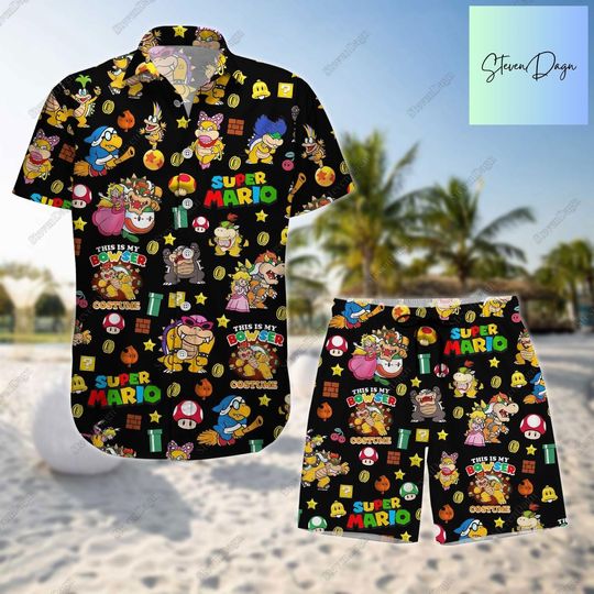 Funny Bowser Button Shirt And Shorts, Cute Bowser Hawaiian Shirt
