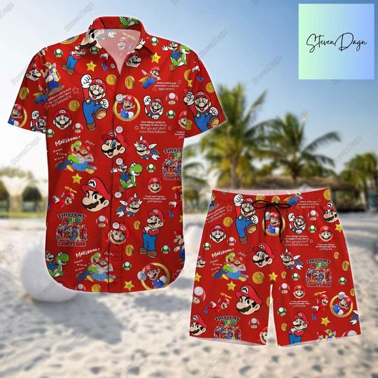 Super Mario Button Shirt, Super Mario Shorts, Super Mario Hawaiian Shirt