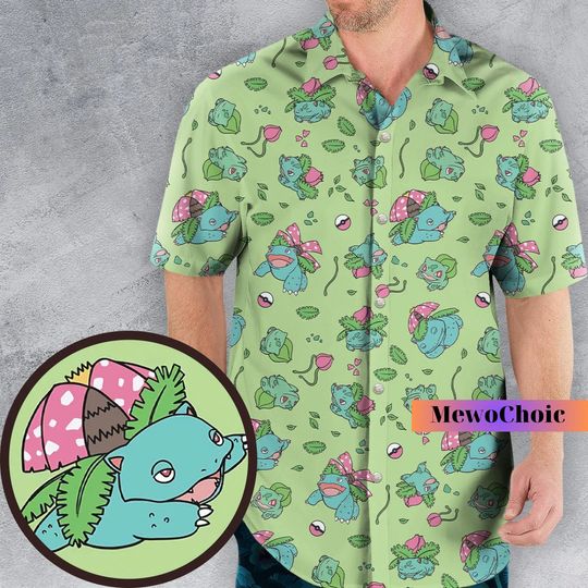 Bulbasaur Shirt, Bulbasaur Hawaiian Shirt, Anime Beach Shirt, PKM Hawaiian Shirt