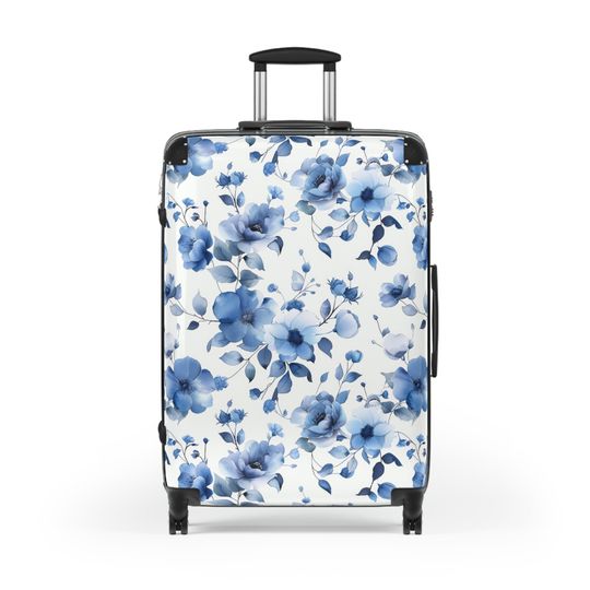 Blue Floral Print Suitcase, Cute travel accessories, luggage, gift