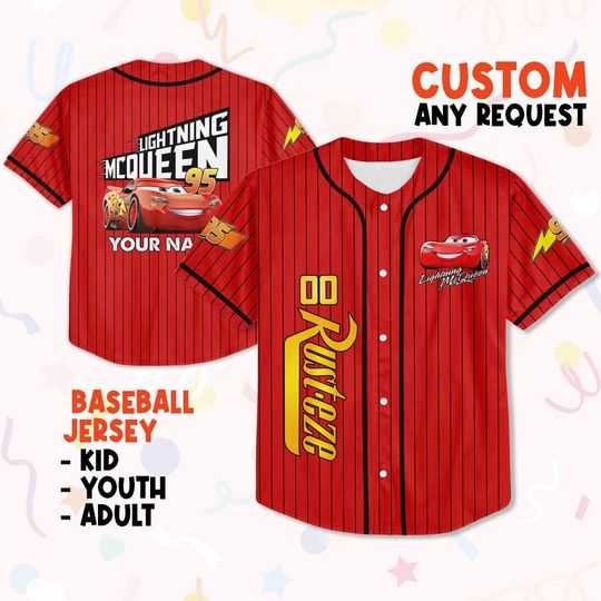 Personalize Cars Lightning Mcqueen Faster, Custom Text Baseball Jersey