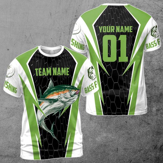 Custom Name Team Name Number Green Bass Fishing 3D T-Shirt