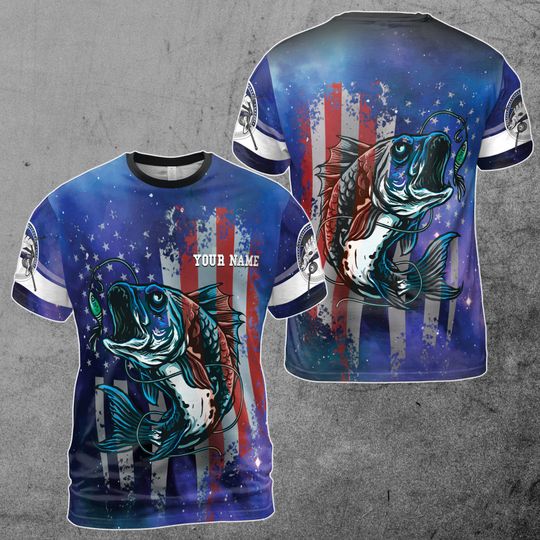 Custom Name Bass Fishing Lover Grunge American Flag Patriotic 3D T-Shirt