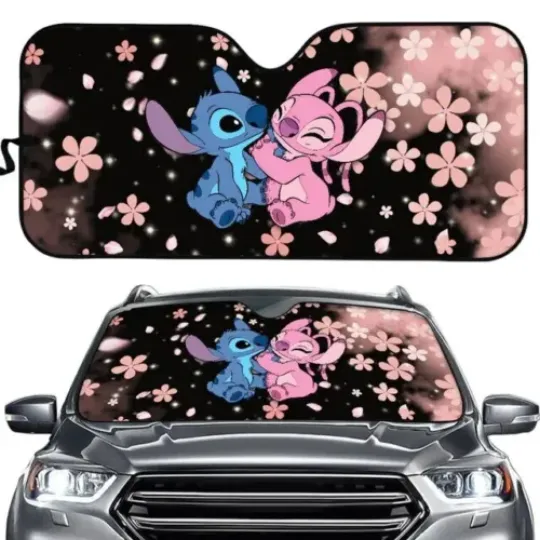 Stitch And Angel Couple Pink Flowers Love Forever Car Sun Shade