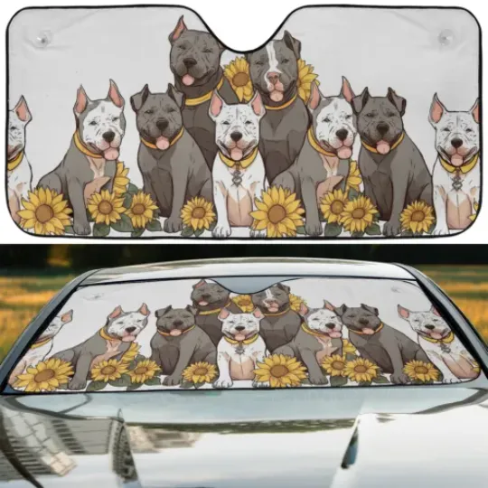 Pitbull Happy Team Dogs Sunflowers Car Sun Shade