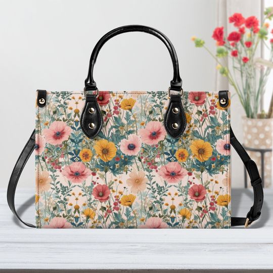 Summer Flowers Leather Handbag, Cottagecore FloraL, Gift For Her