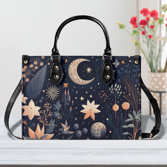 PU Leather Tote Bag - Women's Celestial and Floral Print Handbag