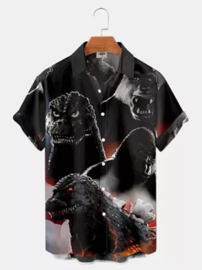 Classic Horror Monster Movie King Kong Vs god zilla Print Buttoned Hawaiian Shirt