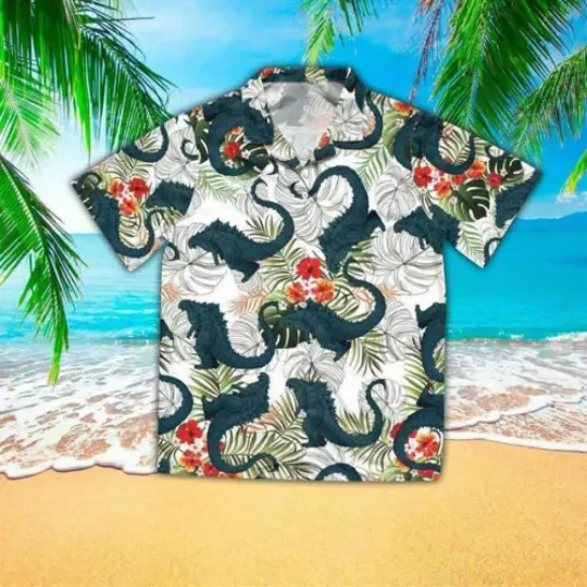 god zilla Tropical Hibiscus Hawaiian Shirt For Men Women Button Down Aloha Shirt