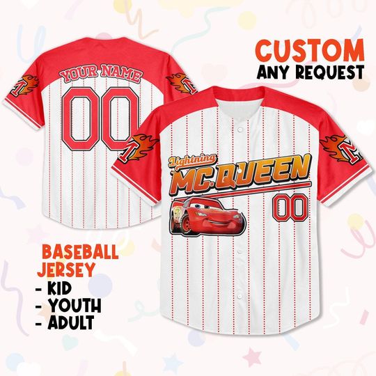 Custom Disney Cars Lightning Mcqueen Baseball Jersey Shirt, Disney Baseball Jersey Shirt