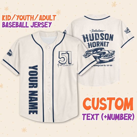 Personalize Cars Hudson Hornet Piston Cup Champion, Custom Text Baseball Jersey