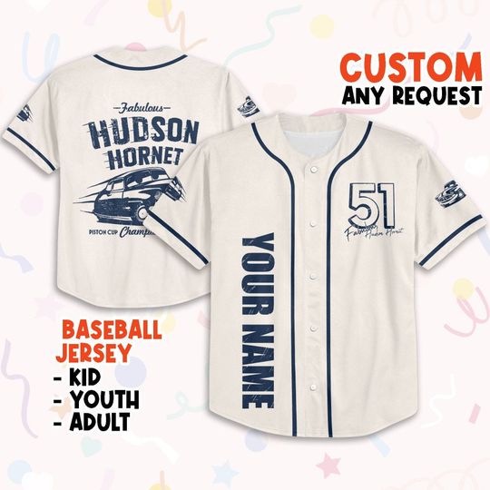 Personalize Cars Hudson Hornet Piston Cup Champion Custom Text Baseball Jersey