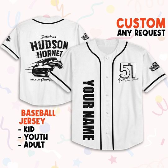 Personalize Cars Hudson Hornet Piston Cup Champion Black And White Baseball Jersey