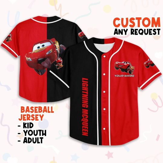 Personalize Cars Lightning McQueen Jump Kachow, Custom Text Baseball Jersey