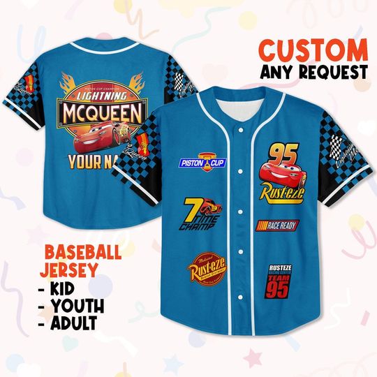 Personalize Cars Lightning Mcqueen Piston Cup Champion Blue, Text Baseball Jersey