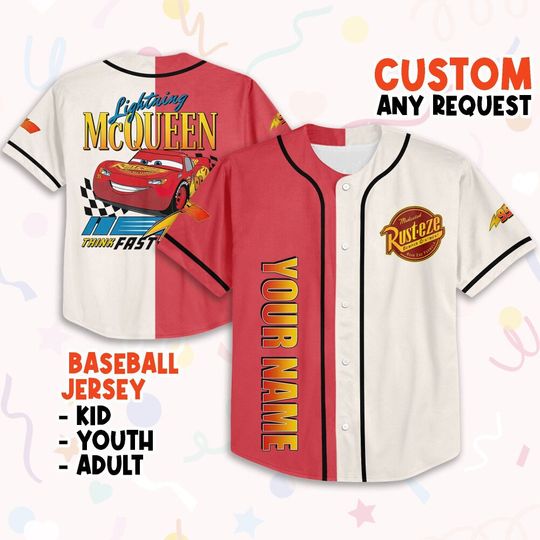 Personalize Cars Lightning Mcqueen Think Fast 95 Baseball Jersey Shirt