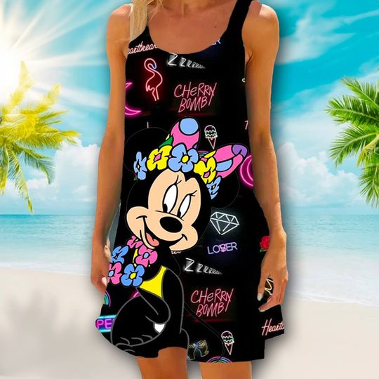 Mouse Neon Light Beach Dress, Magic World Beach Dress, Mouse Movie Mom Dress, Cartoon Movie AOP Sleeveless Beach Dresses