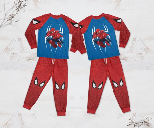 Spider Patterns Red Blue Pajamas Set, Family Pajamas Set, Spider Pajamas
