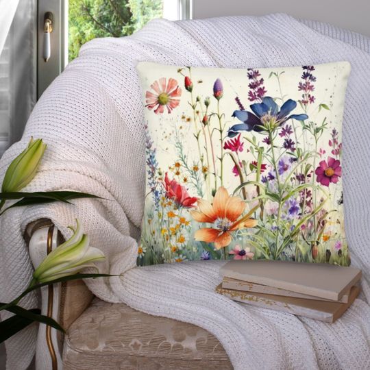 Watercolor Floral Throw Pillow Abstract  Flower Field pillow Square Wildflowers Pillow