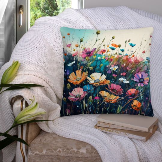 Abstract Watercolor Floral Throw Pillow  Flower Field pillow Square Wildflowers Pillow