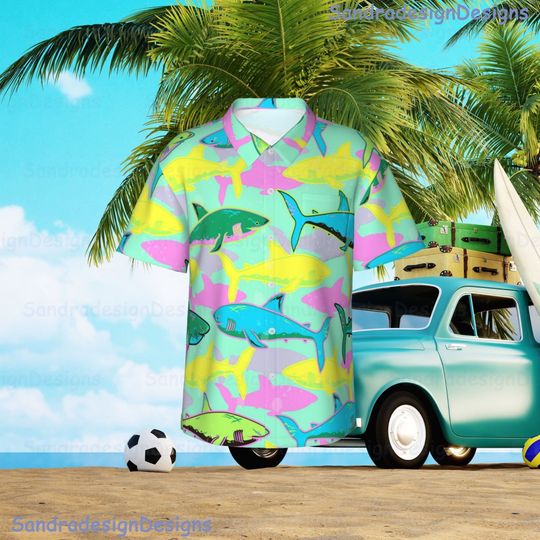 Colorful Sharks Button Up Shirt, Sharks Aloha Shirt, Sharks Hawaii Shirt