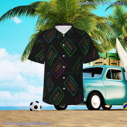 Retro Neon Casette Tape Button Up Shirt, Aloha Shirt