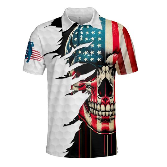 Skull Golf Shirt For Men, US Flag Polo Shirts For Men, Funny Golf Player Gifts