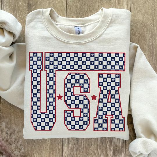Checkred USA Sweatshirt, Retro America Sweatshirt, 4th Of July Sweatshirt