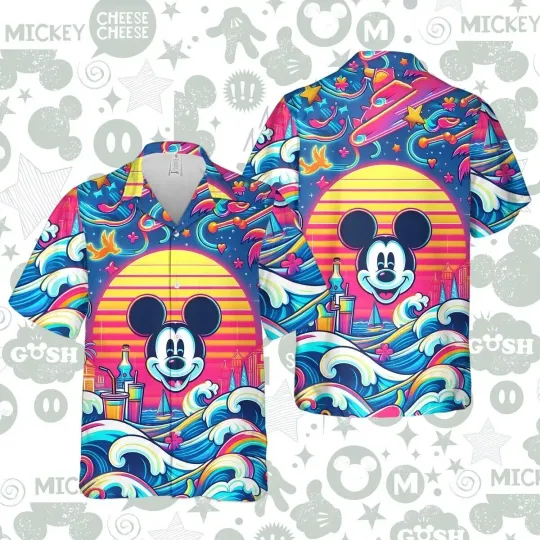Mickey Mouse Disney Cartoon Themed Retro Beach Colorful Aloha Hawaiian Shirt, Woven Polyester Fabric Shirt, Summer Short Sleeve Button Down Shirts For Men, Women