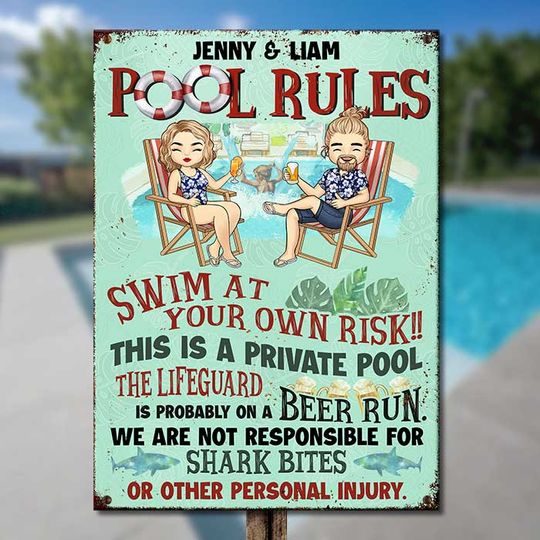 Swim At Your Own Risk Custom Gift For Couples Husband Wife Personalized Metal Sign