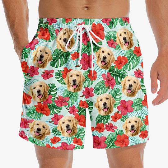 Custom Photo Don't Worry, Beach Happy - Dog & Cat Personalized Custom Tropical Hawaiian Aloha Men Beach Shorts