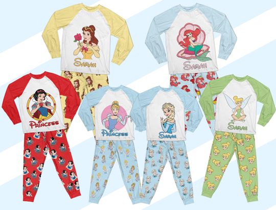 Custom Disney Princess Pajama Set, Personalized Ciinderella Tinker-Bell Belle Pajamas Disney Pajama